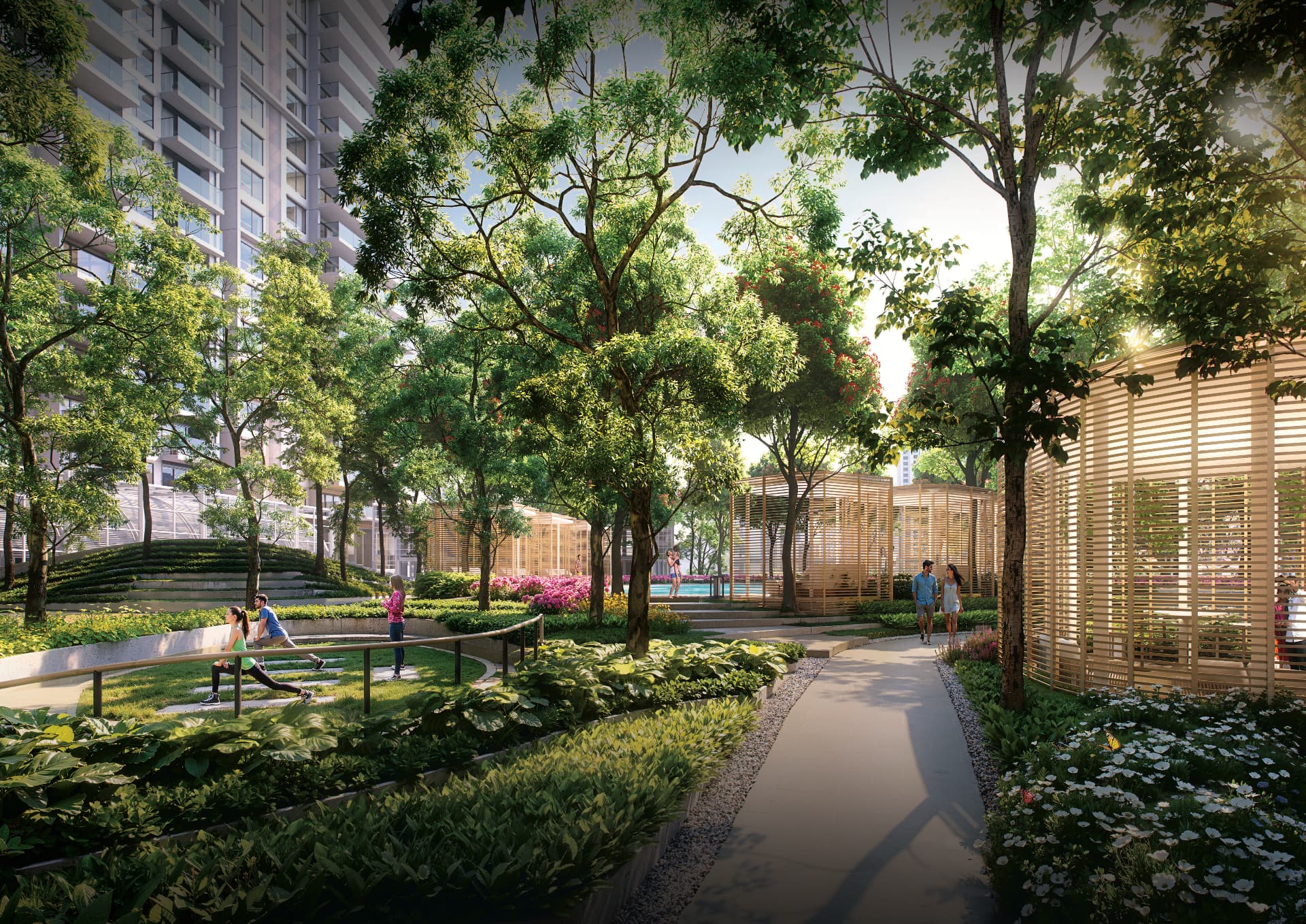 Landscaped garden paths beside the Westpark residences